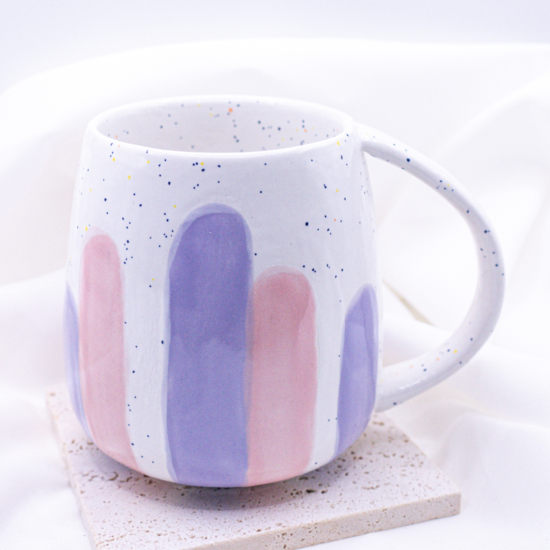 Tasse lila rosa Streifen handbemalt - unregelmäßige Streifen Sprenkel Keramikbecher