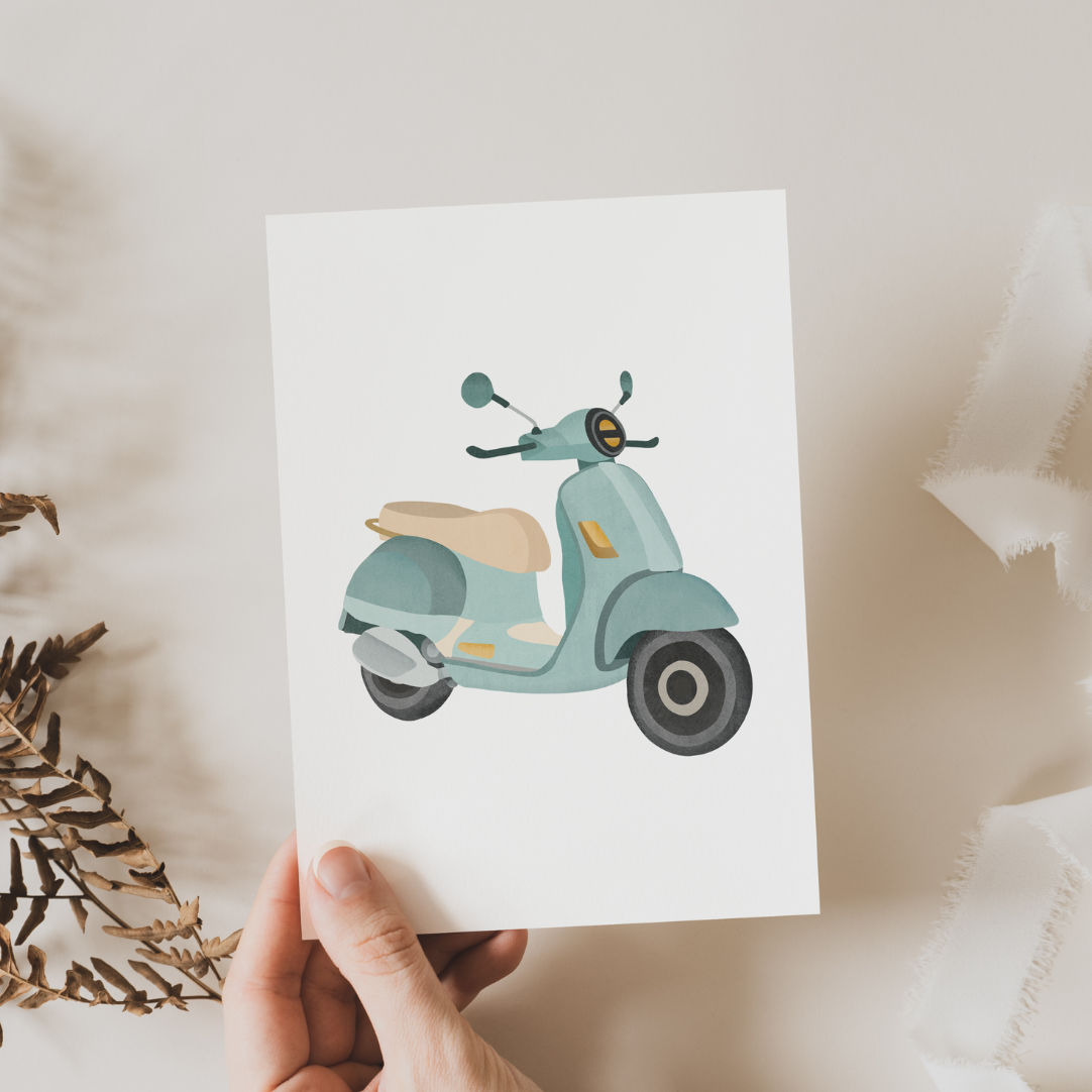 Postkarte Roller - Italien Geschenk Postkarte - Grußkarte italienischer Roller blau
