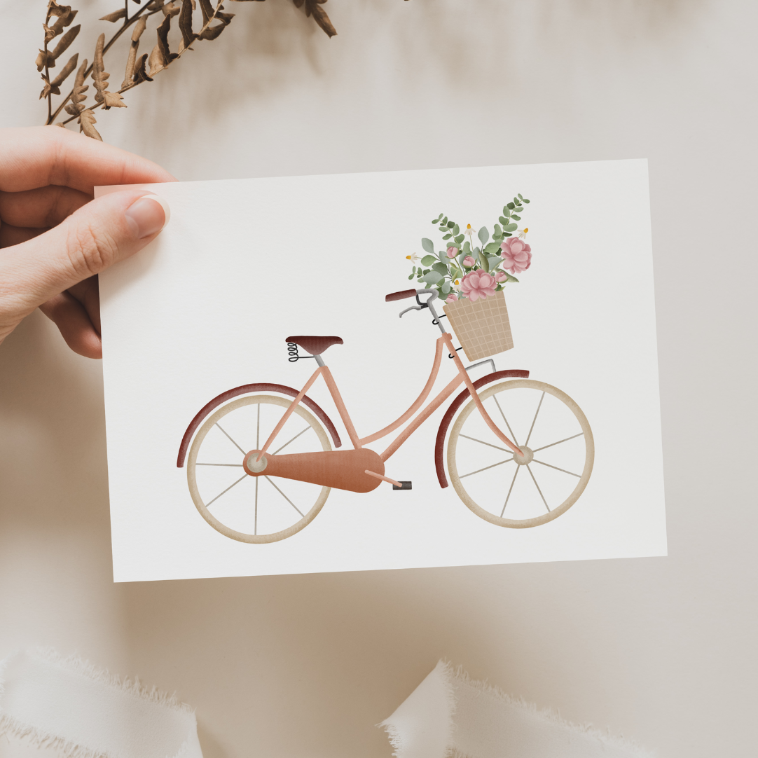 Postkarte Fahrrad mit Blumenkorb - Grußkarte Frühling Geburtstag - Vintage Fahrrad