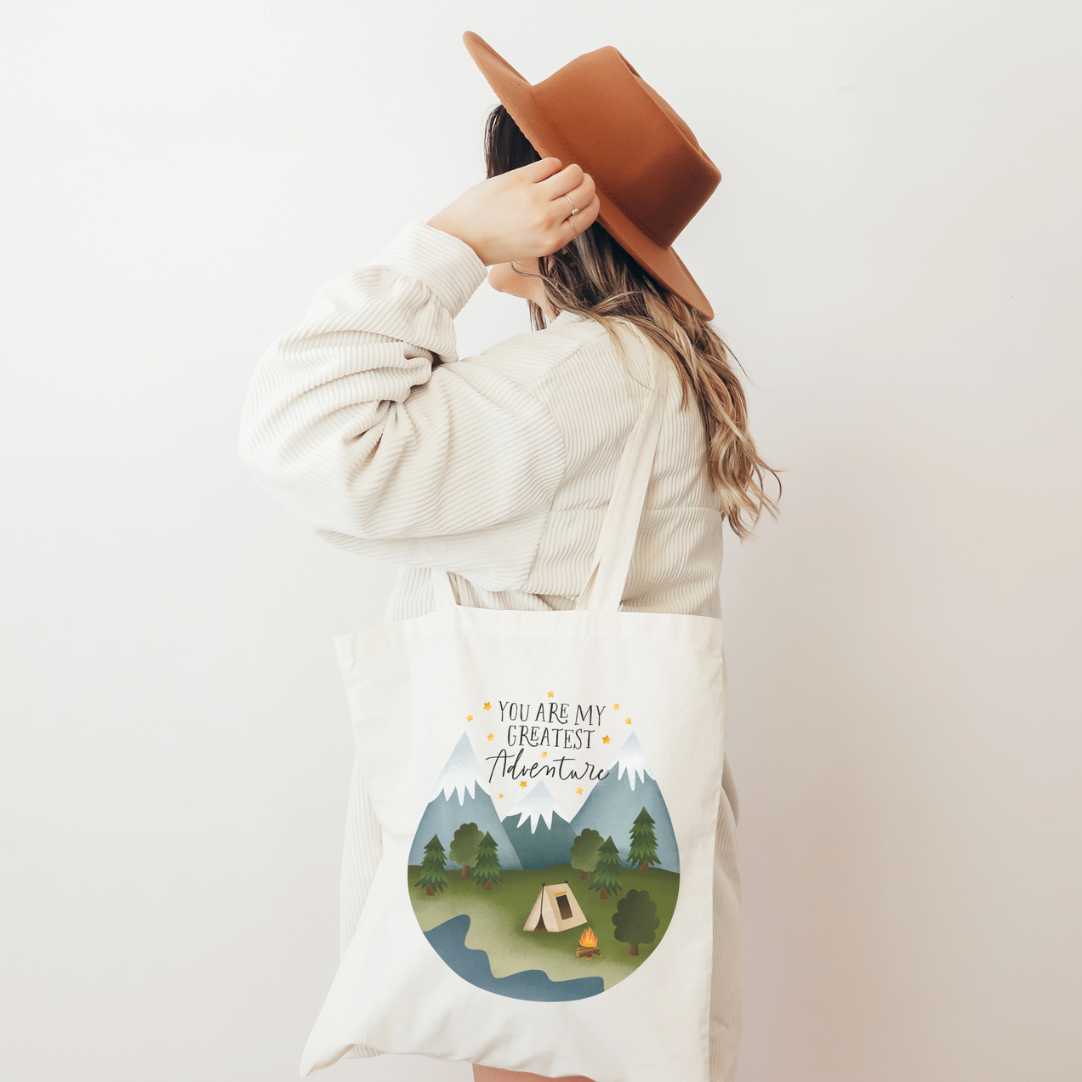 Stofftasche Reise Camping "You Are My Greatest Adventure" Zelt Berge – Geschenk Outdoor Paar Jutetasche