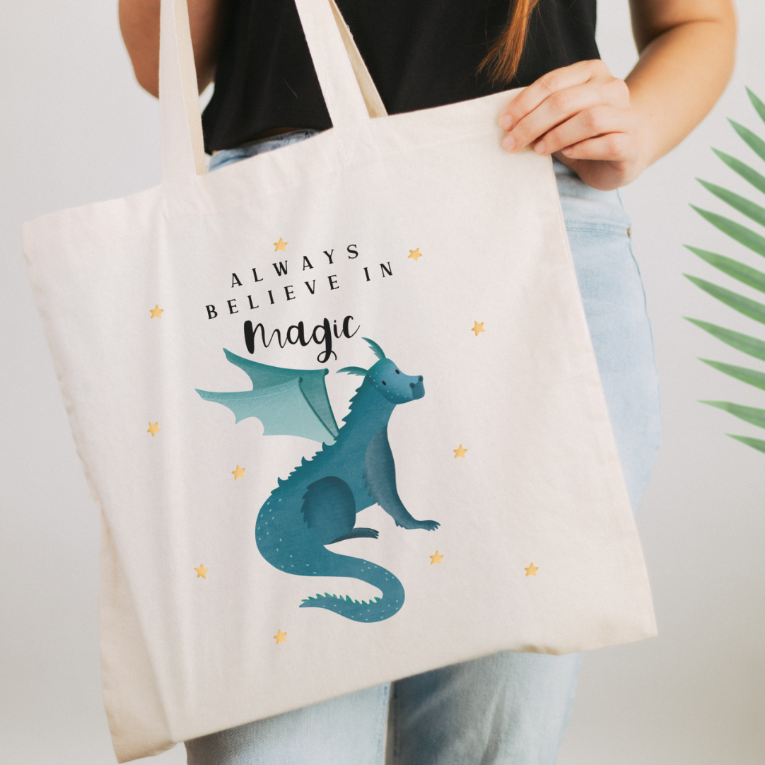 Stofftasche Drache - Einkaufstasche Fantasie - blauer Drache Sterne