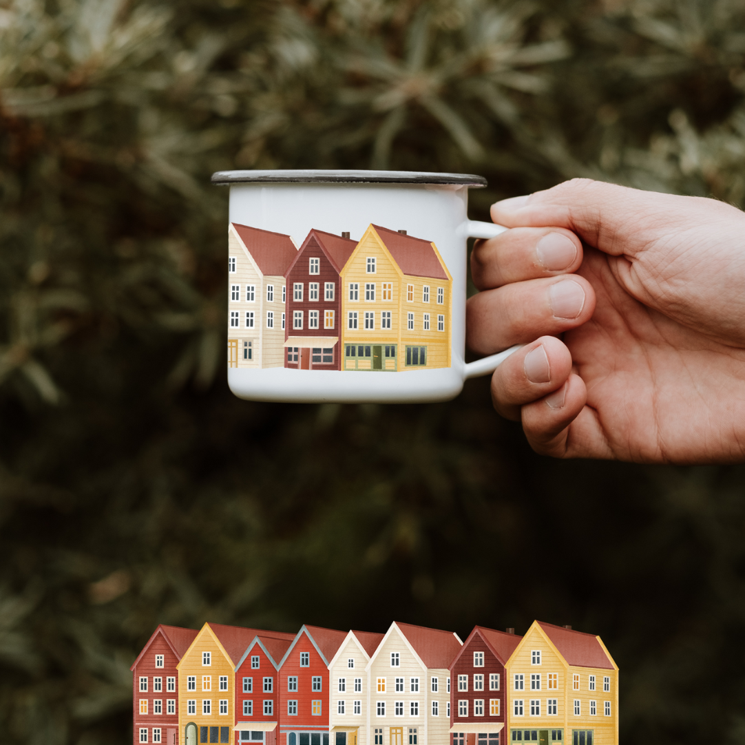 Tasse Norwegen Häuser in Bergen Abenteuer - bunte Häuser Reisebecher Skandinavien