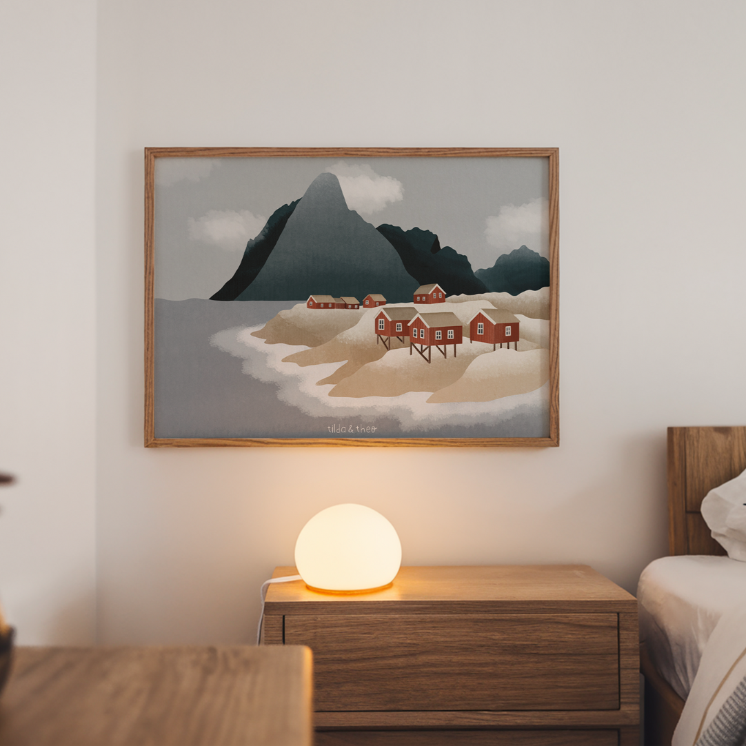 Poster Norwegen Fjorde Lofoten rote Häuser - Reise Kunstdruck Skandinavien - Norwegische Häuser Insel