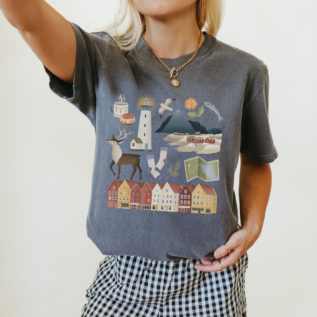 Tshirt Norwegen Reise Skandinavien - BIOBAUMWOLLE Lofoten Häuser Shirt - Norwegen Souvenir