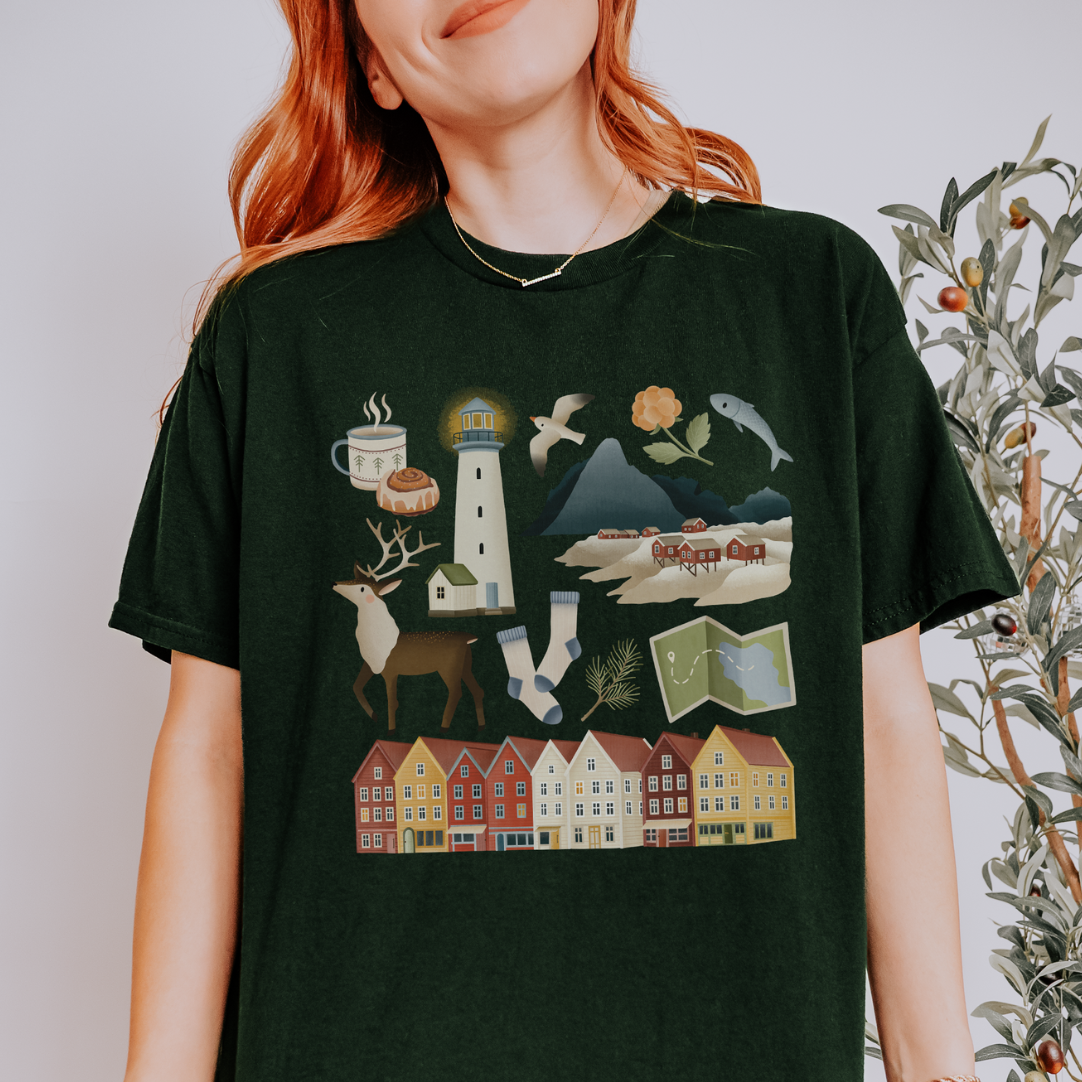 Tshirt Norwegen Reise Skandinavien - BIOBAUMWOLLE Lofoten Häuser Shirt - Norwegen Souvenir