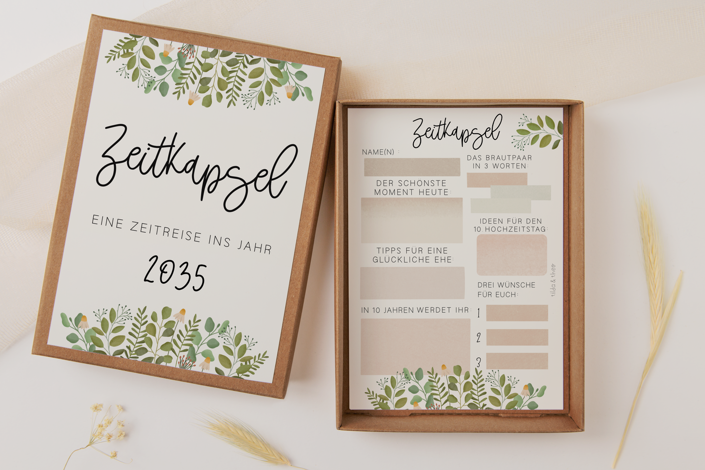 Zeitkapsel Hochzeit zum Ausfüllen Eukalyptus - Karten in A6 Gästebuch