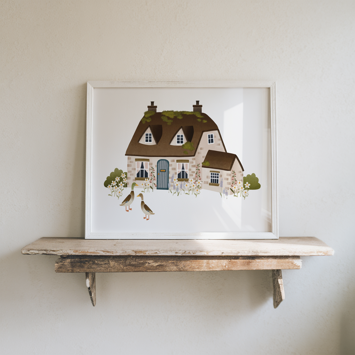 Poster Cottage mit Laufenten Haus Kunstdruck Skandinavien - Frühling Deko Englisches Cottage