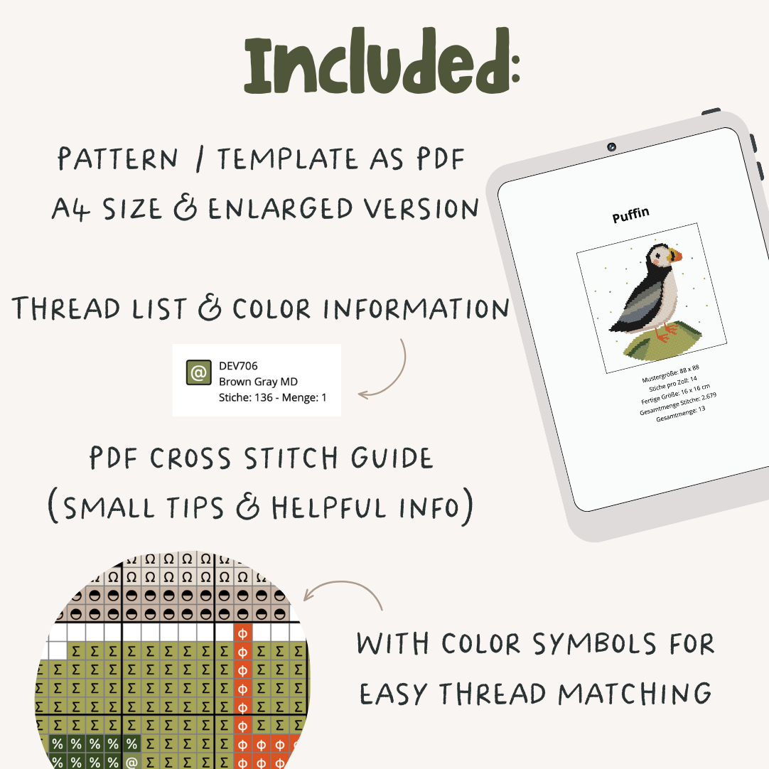 Puffin Cross Stitch Pattern PDF - Papageientaucher Island Kreuzstich-Vorlage