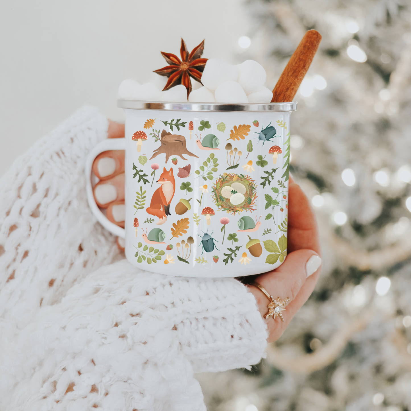 Tasse Wald - Emaille Tasse 0,3 ml Waldtiere - Fuchs & Pilze Geschenk Tasse