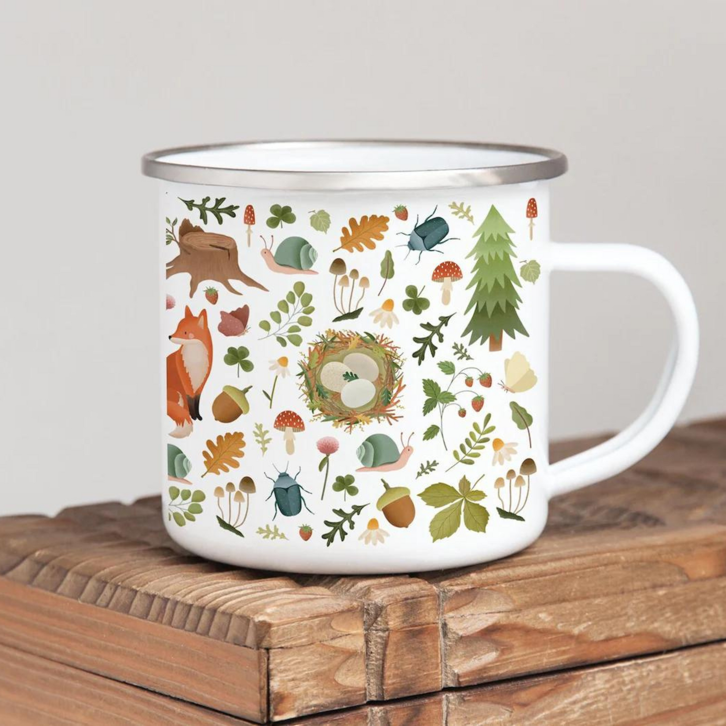 Tasse Wald - Emaille Tasse 0,3 ml Waldtiere - Fuchs & Pilze Geschenk Tasse