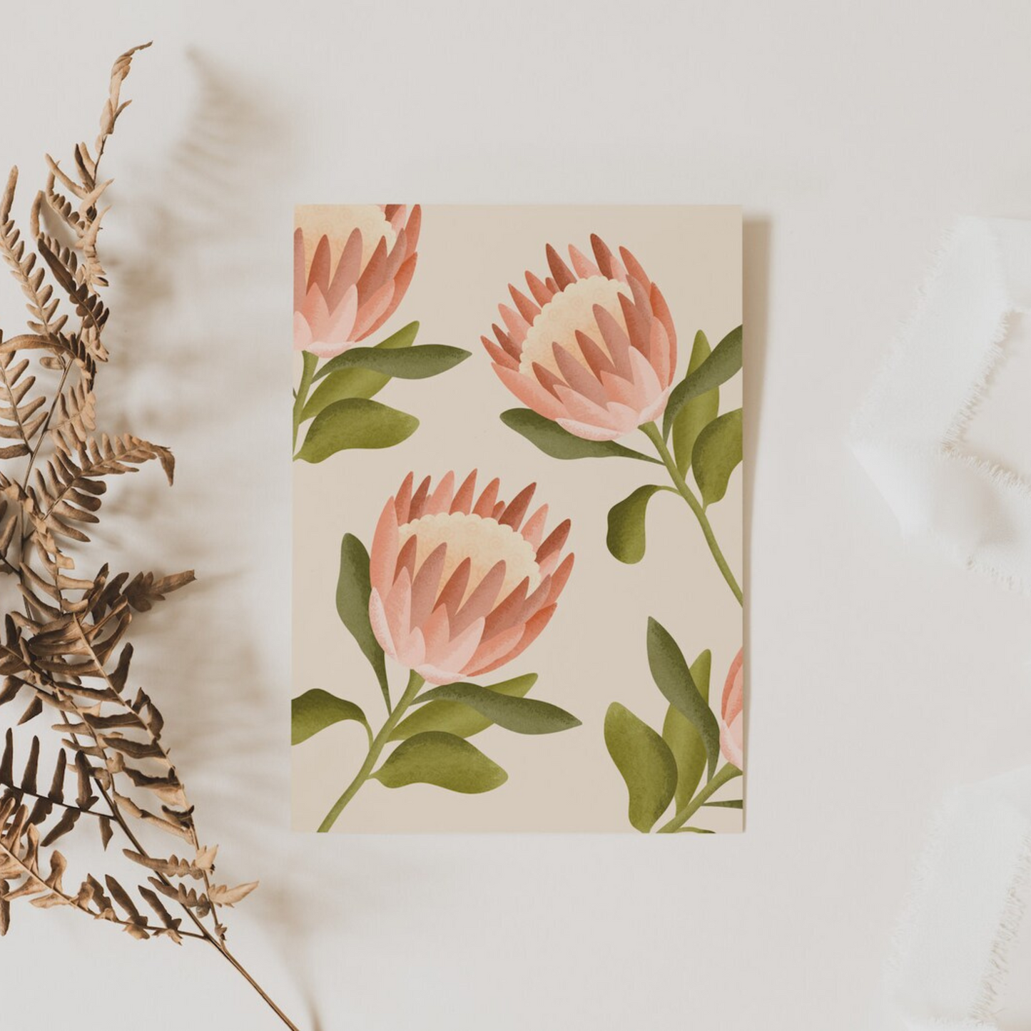 Postkarte Blume - Protea Boho Pflanze Muster rosa