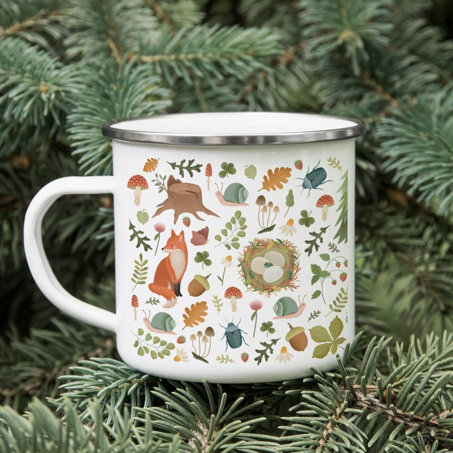 Tasse Wald - Emaille Tasse 0,3 ml Waldtiere - Fuchs & Pilze Geschenk Tasse