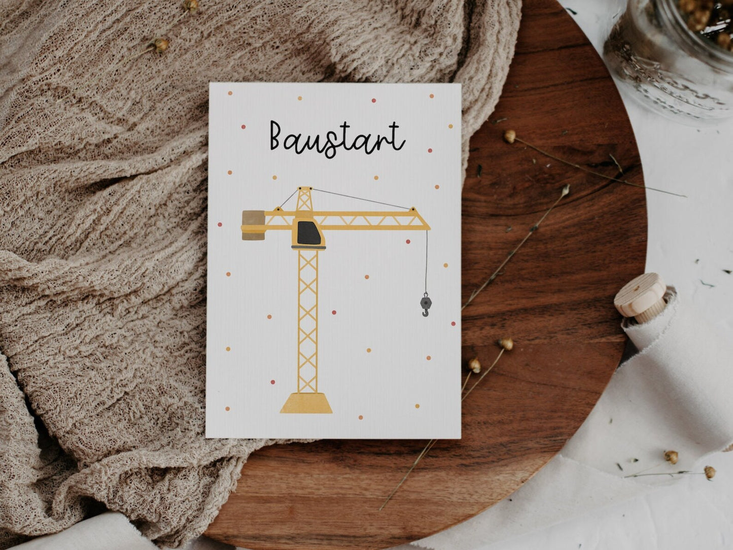 Postkarte Baustart - Hausbau Kran