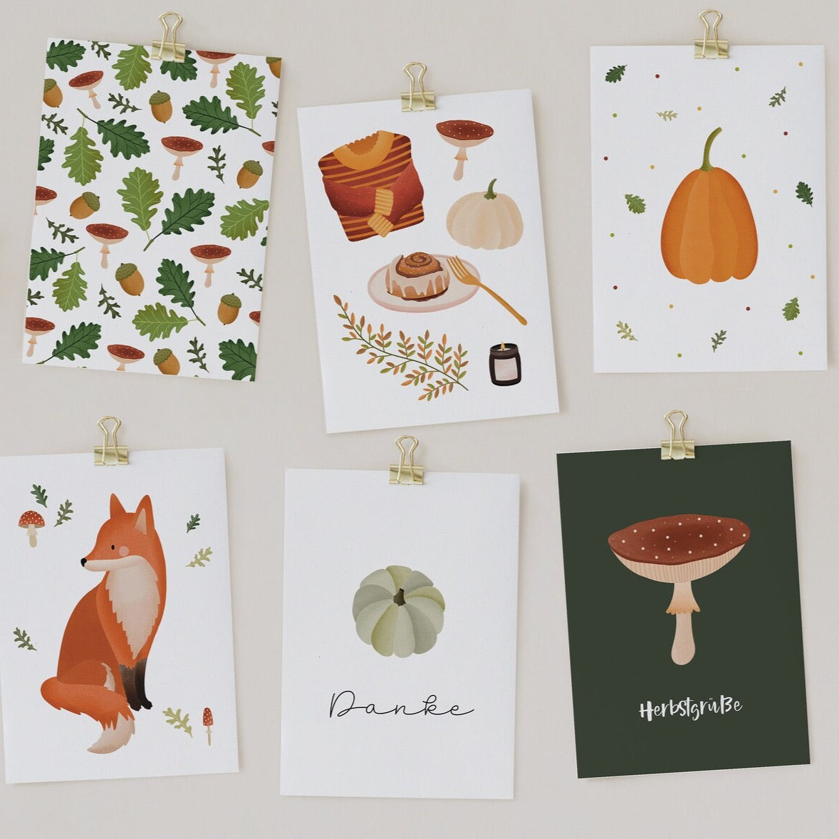 Postkarten-Set Herbst - 6 Karten herbstliche Motive Kürbis, Pilz & Fuchs