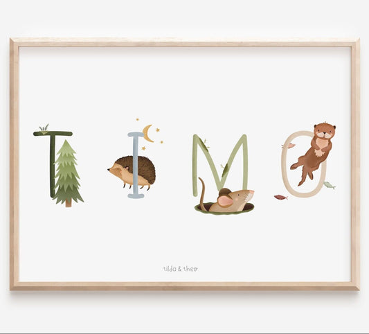 Poster Kinderzimmer Wald Buchstaben - Taufposter Name Waldtiere