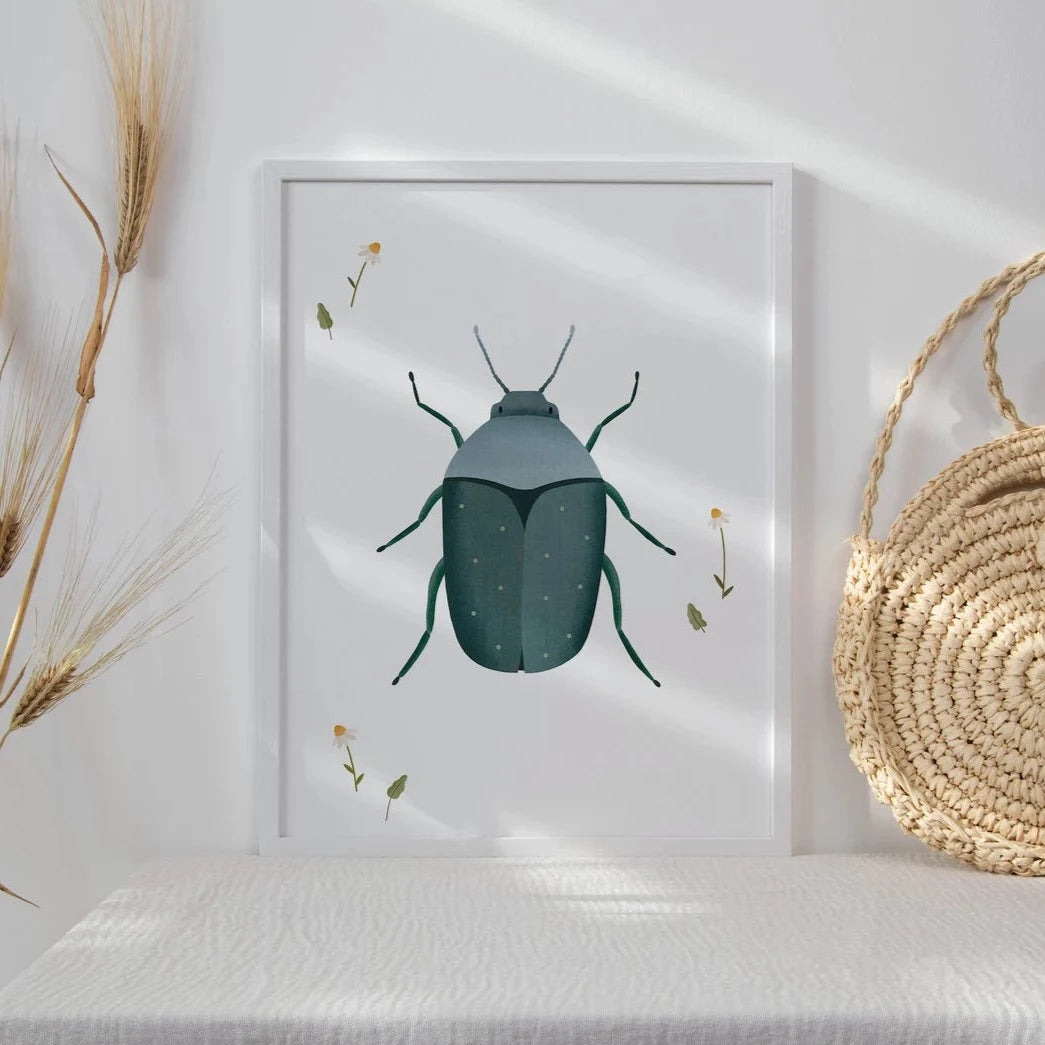 Poster Käfer - Kinderzimmerbild blauer Käfer Wiese