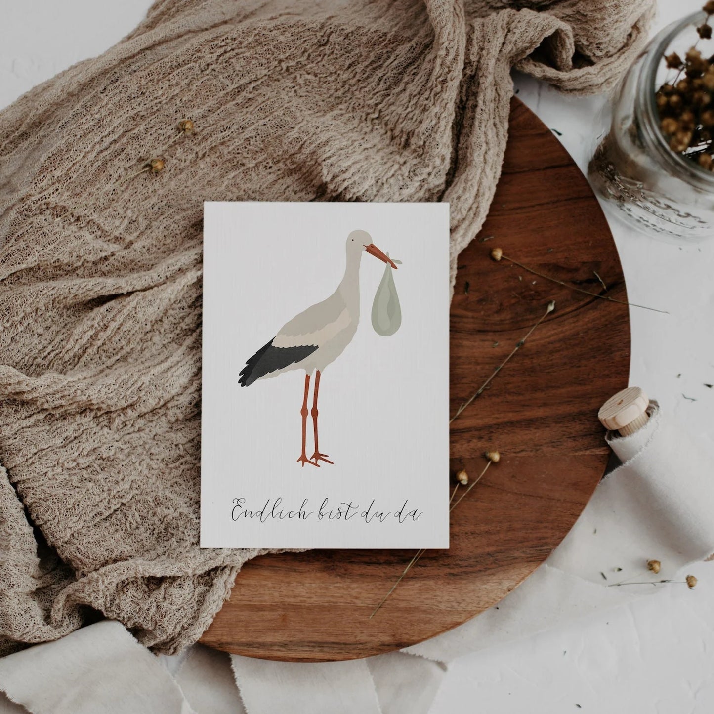 Postkarte Storch - "Endlich bist du da"