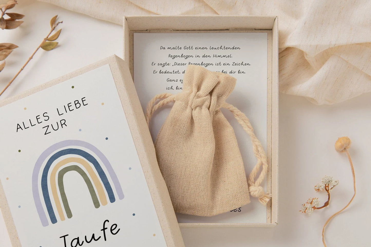 Geschenkschachtel zur Taufe blau - Regenbogen Geldgeschenk