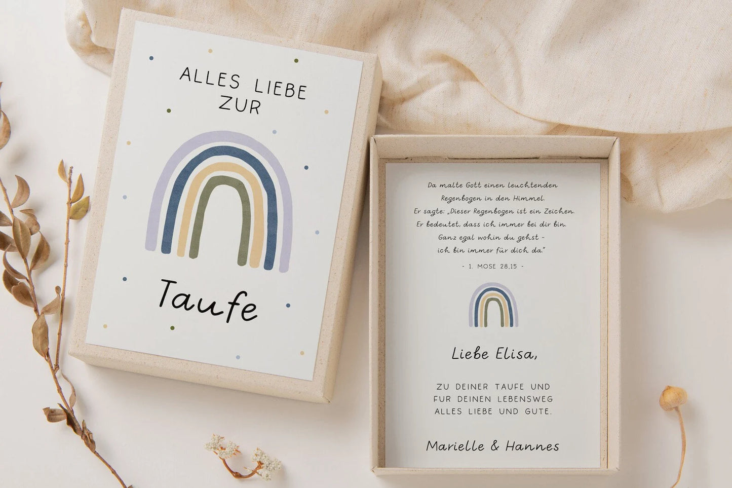 Geschenkschachtel zur Taufe blau - Regenbogen Geldgeschenk