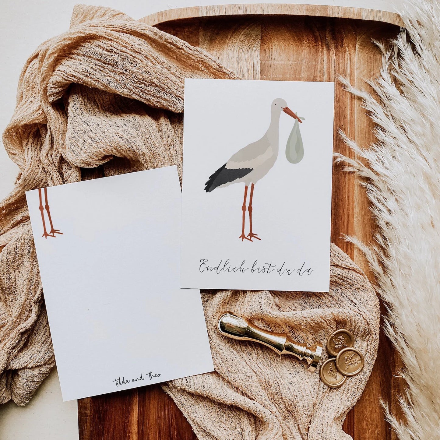 Postkarte Storch - "Endlich bist du da"