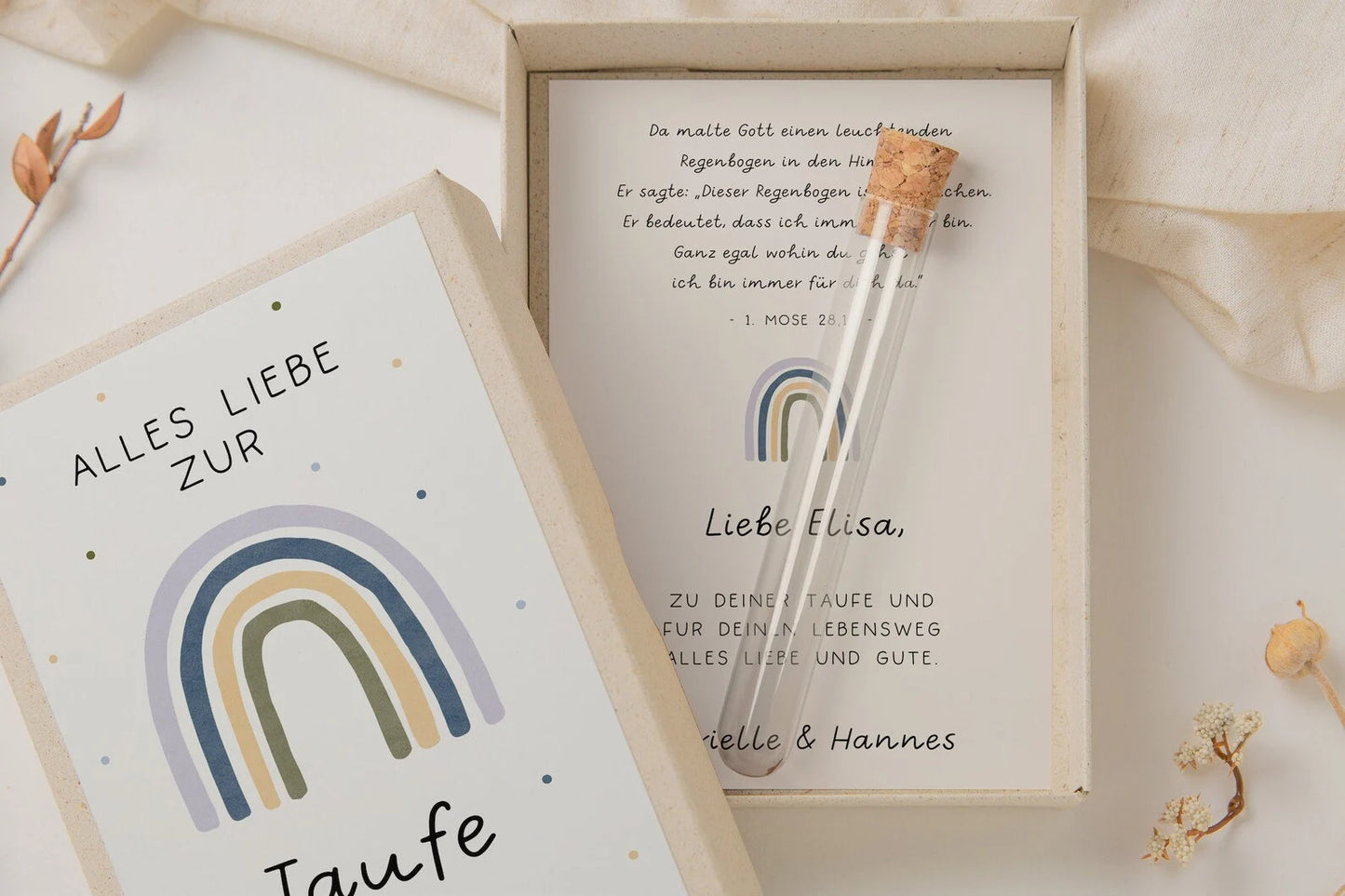 Geschenkschachtel zur Taufe blau - Regenbogen Geldgeschenk