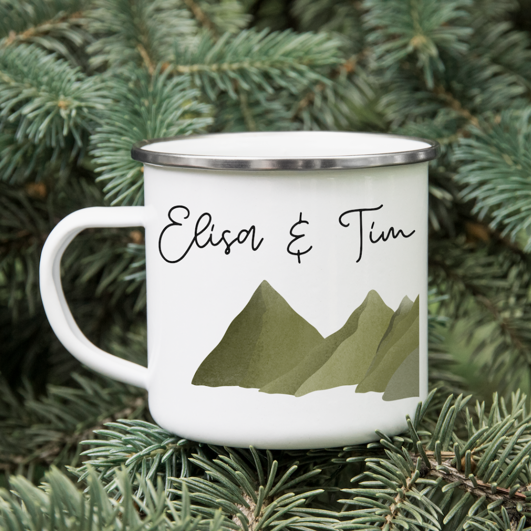 Personalisierte Emaille Tasse Berge Hochzeit - Tasse Berge & Namen