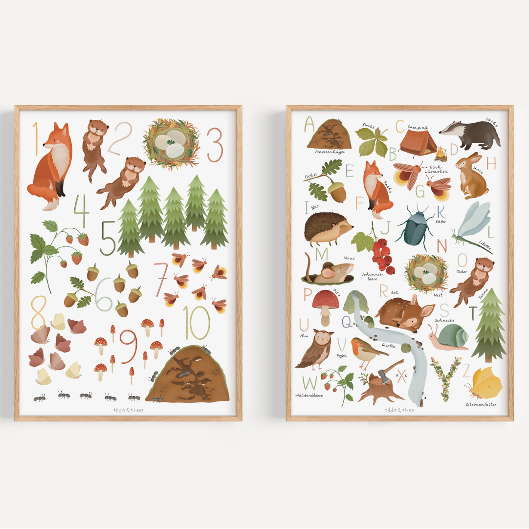 Poster-Set Wald ABC & Zahlenposter Wald 1 bis 10 - Lernposter Alphabet Kinderbild Waldtiere