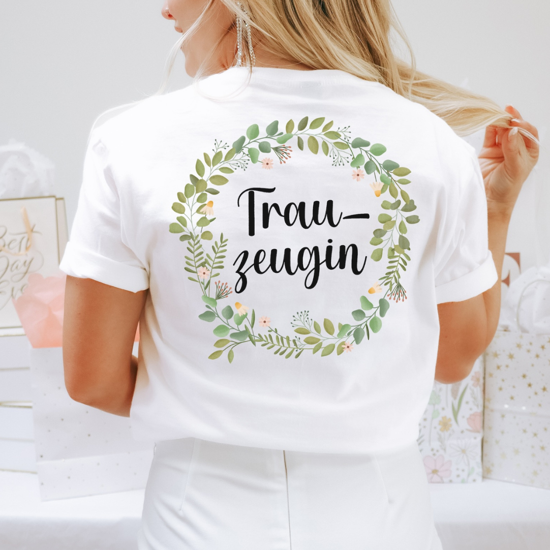 Tshirt JGA mit Name Eukalyptus - BIOBAUMWOLLE Blumenkranz Braut & Team Braut