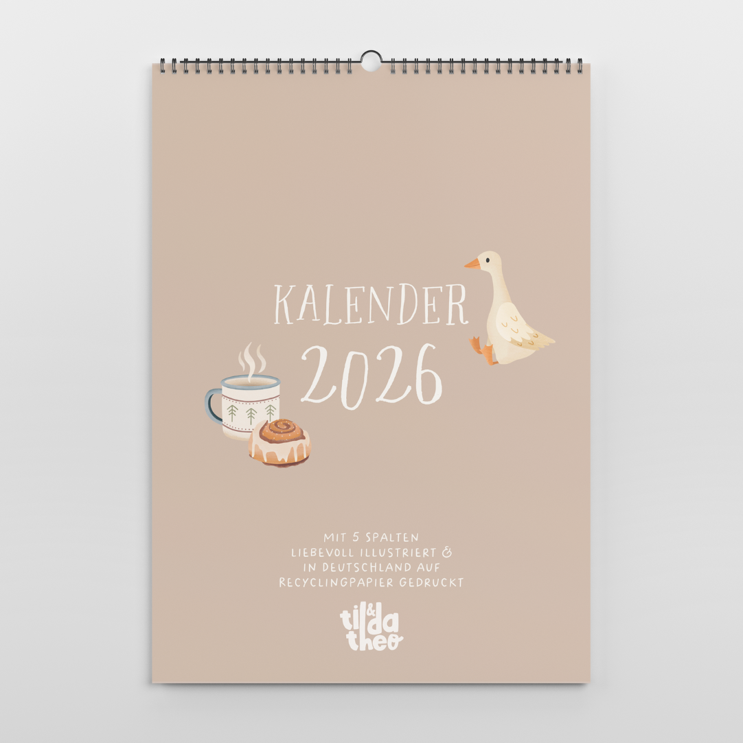 Familienkalender 2026 A3 Tilda&Theo - gemütliche Motive illustrierter Kalender mit 5 Spalten