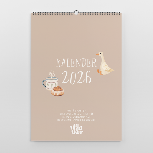 Familienkalender 2026 A3 Tilda&Theo - gemütliche Motive illustrierter Kalender mit 5 Spalten