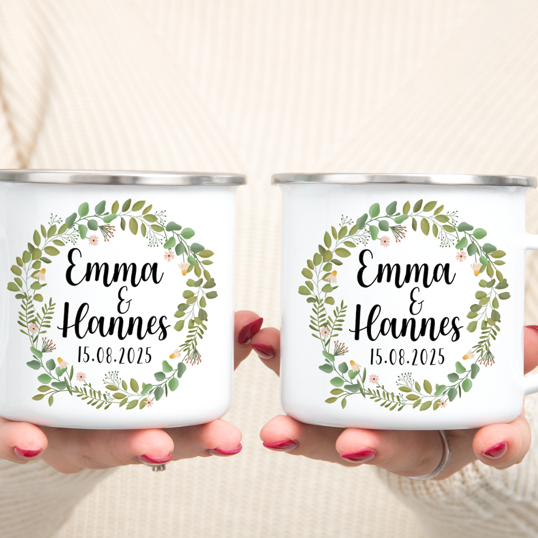 Tasse Hochzeit Eukalyptus - Personalisierte Emaille Tasse Hochzeit Eukalyptuskranz