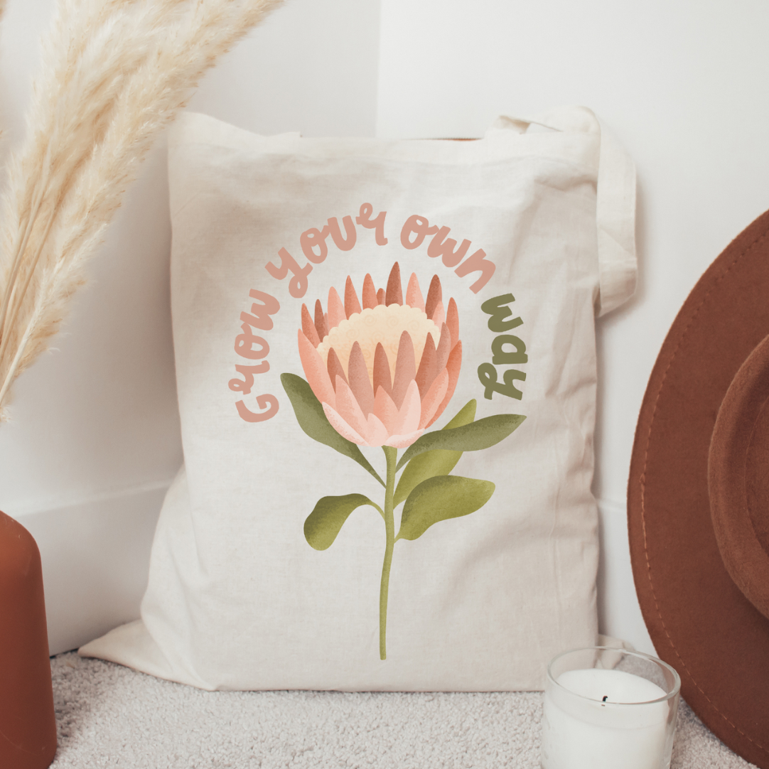 Stofftasche Protea "Grow your own way" Blume - Jutebeutel Tasche Pflanze Boho