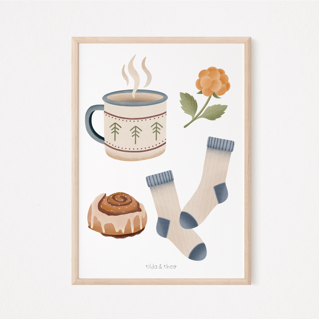 Poster Hygge Norwegen gemütlicher Kunstdruck Zimtschnecke - Kanelbulle und Kaffee Schweden Skandinavien Print