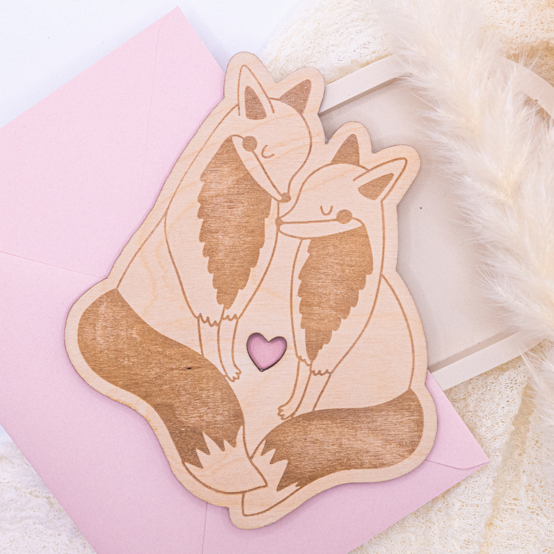 Wooden postcard fox love - wooden card wedding