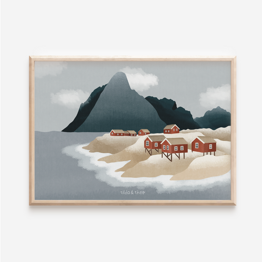 Poster Norwegen Fjorde Lofoten rote Häuser - Reise Kunstdruck Skandinavien - Norwegische Häuser Insel