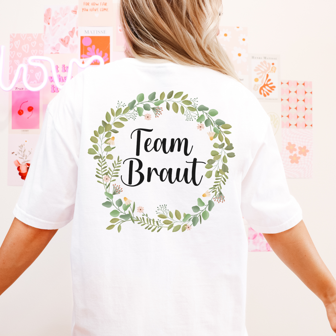 Tshirt JGA mit Name Eukalyptus - BIOBAUMWOLLE Blumenkranz Braut & Team Braut