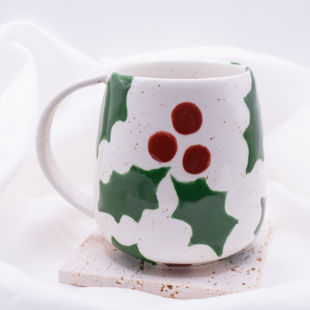 Tasse Weihnachtszweig Rote Beeren handbemalt - Weihnachten Mistelzweige Tasse