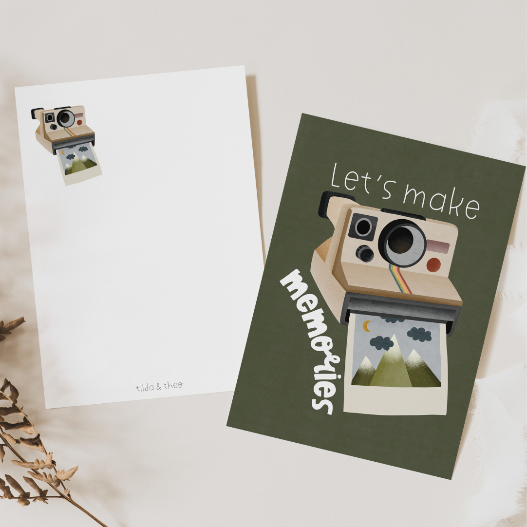 Postkarte Abenteuer Polaroid Kamera - "Let's make memories" Geschenkkarte