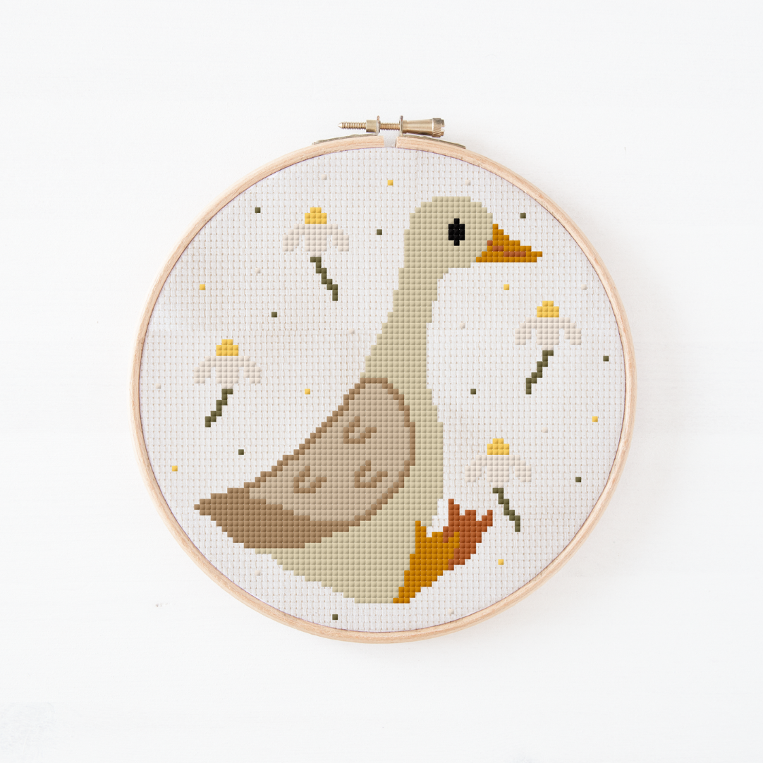 Gans Cross Stitch Pattern PDF - Frühling Blumen & Ente Kreuzstich-Vorlage DIY