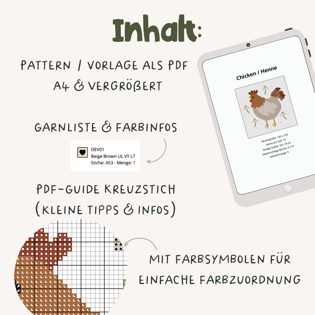 Huhn Cross Stitch Pattern PDF Henne - Ostern Blumen Hühner Kreuzstich-Vorlage DIY