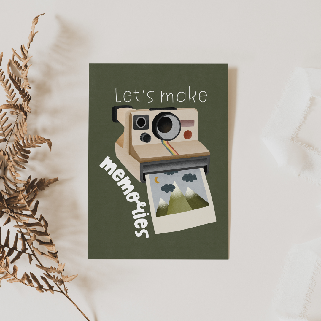 Postkarte Abenteuer Polaroid Kamera - "Let's make memories" Geschenkkarte