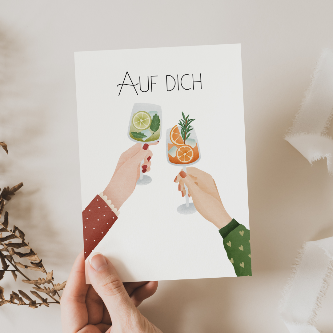 Postkarte Anstoßen "Auf Dich" Drinks Silvester - Postkarte Geburtstag Freundin