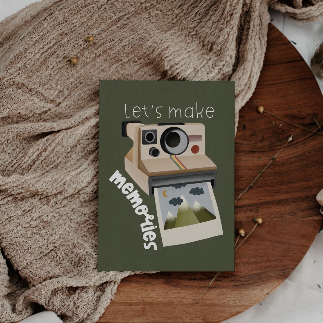 Postkarte Abenteuer Polaroid Kamera - "Let's make memories" Geschenkkarte