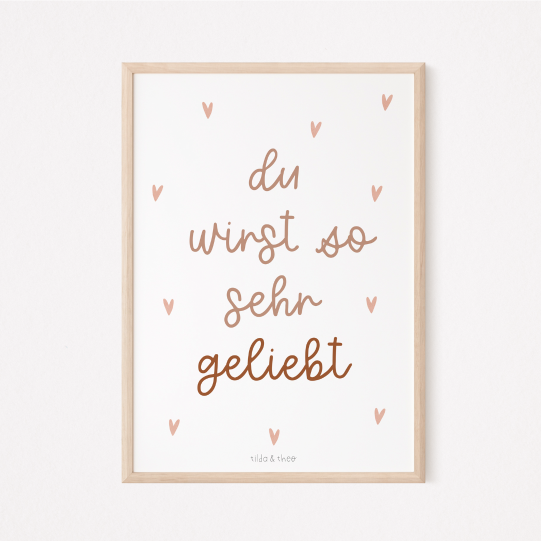 Poster Kinderzimmer "du wirst geliebt"  - rosa Babyzimmer Print - Kinderposter Liebe