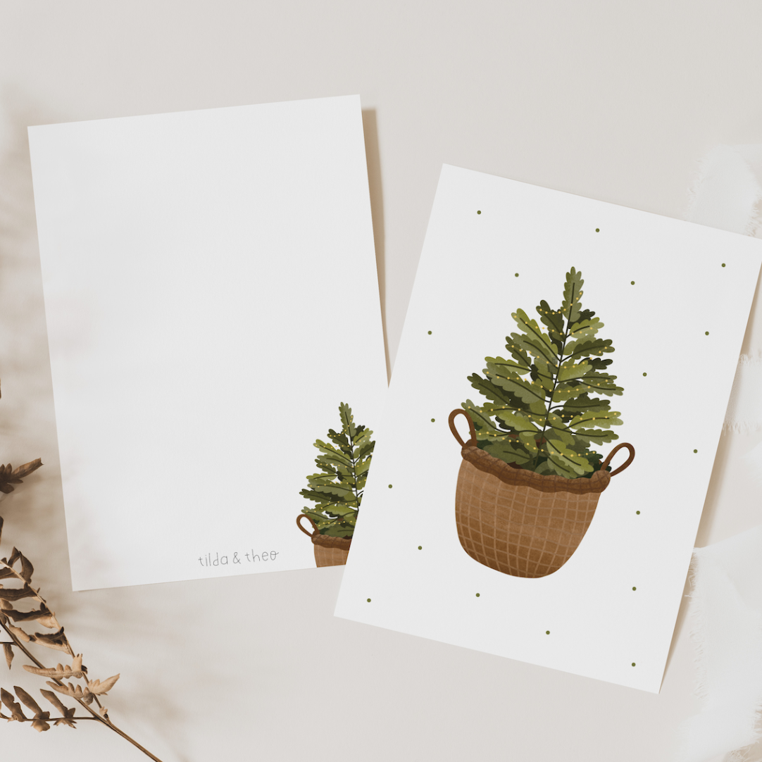 Weihnachtskarte Weihnachtsbaum im Korb - weihnachtliche Postkarte Tanne