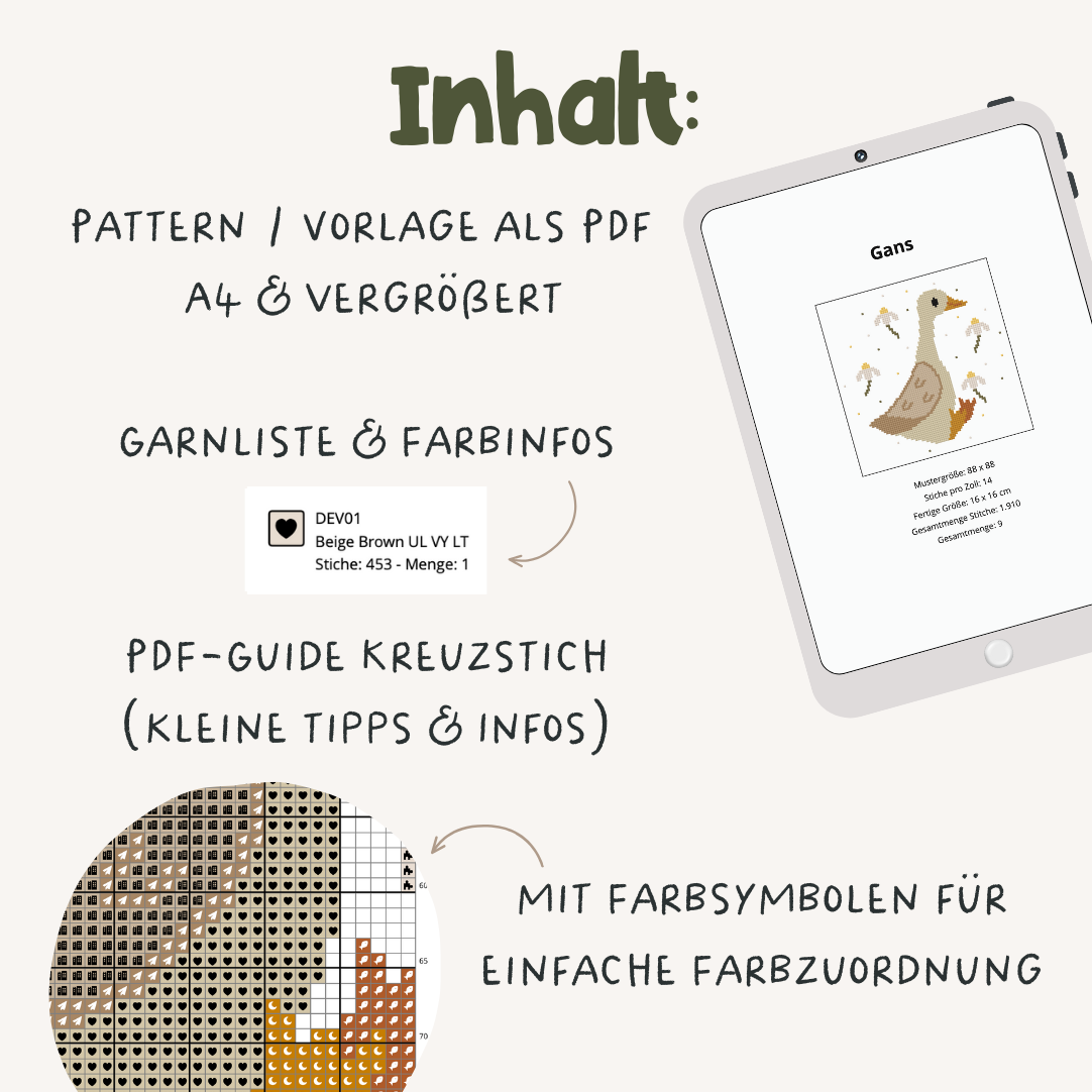 Gans Cross Stitch Pattern PDF - Frühling Blumen & Ente Kreuzstich-Vorlage DIY
