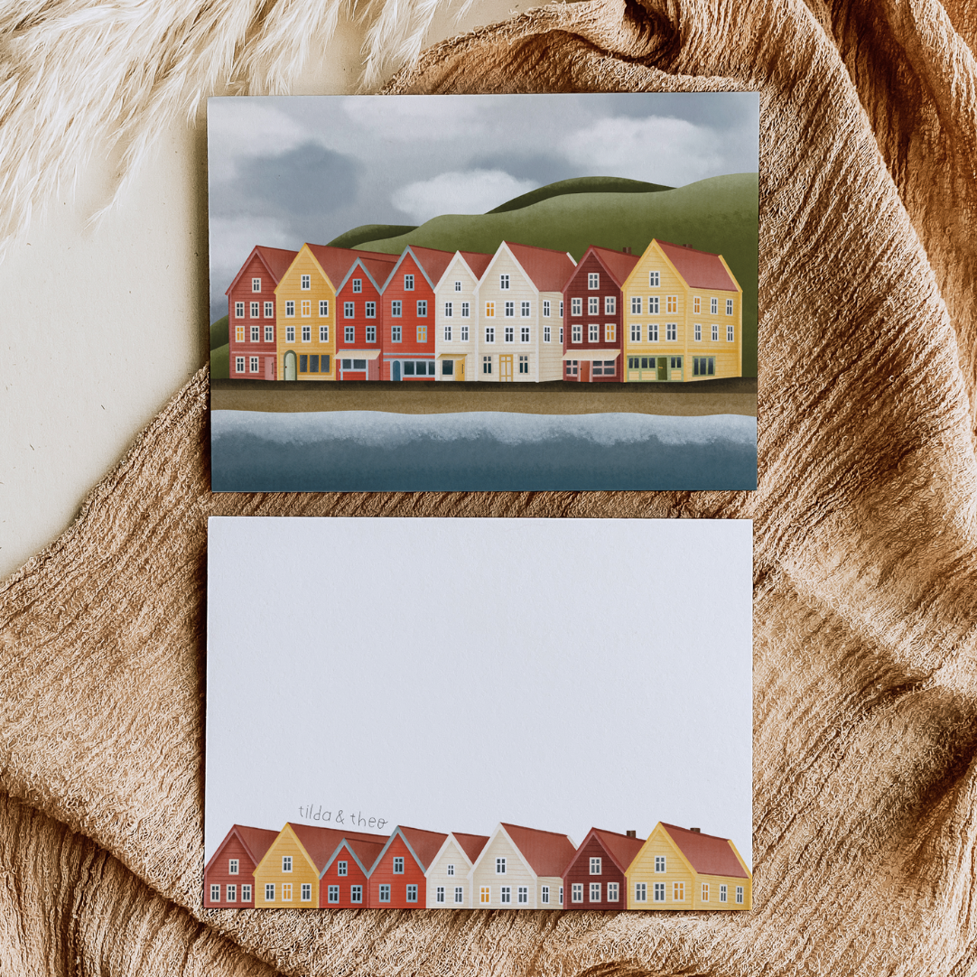 Postkarte Norwegen Häuser in Bergen Karte Reise - Postkarte Norwegischer Fjord Küstenstadt