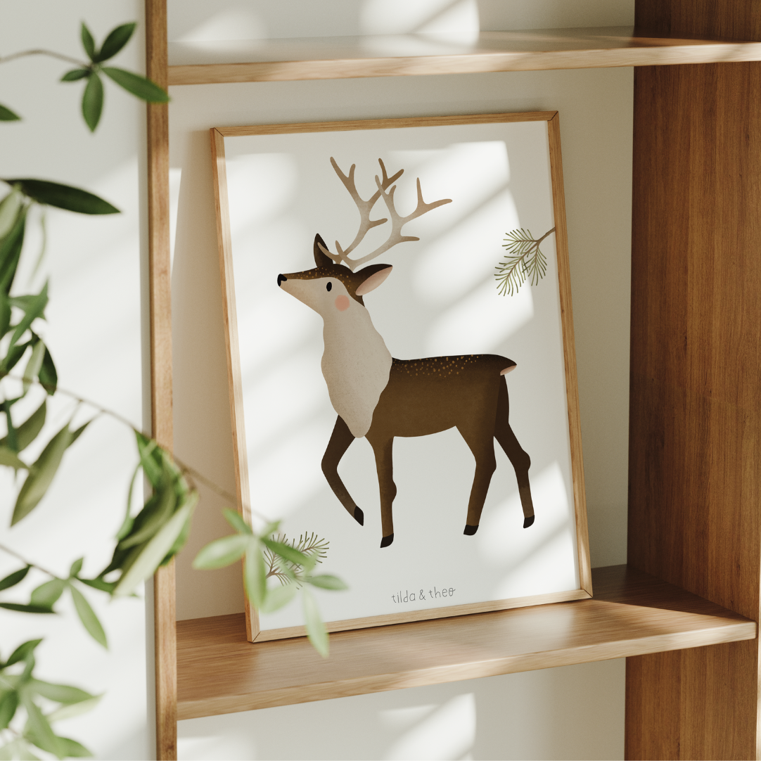 Poster Rentier Norwegen Winter - Print Kinderzimmer Skandinavien Hirsch Weihnachten
