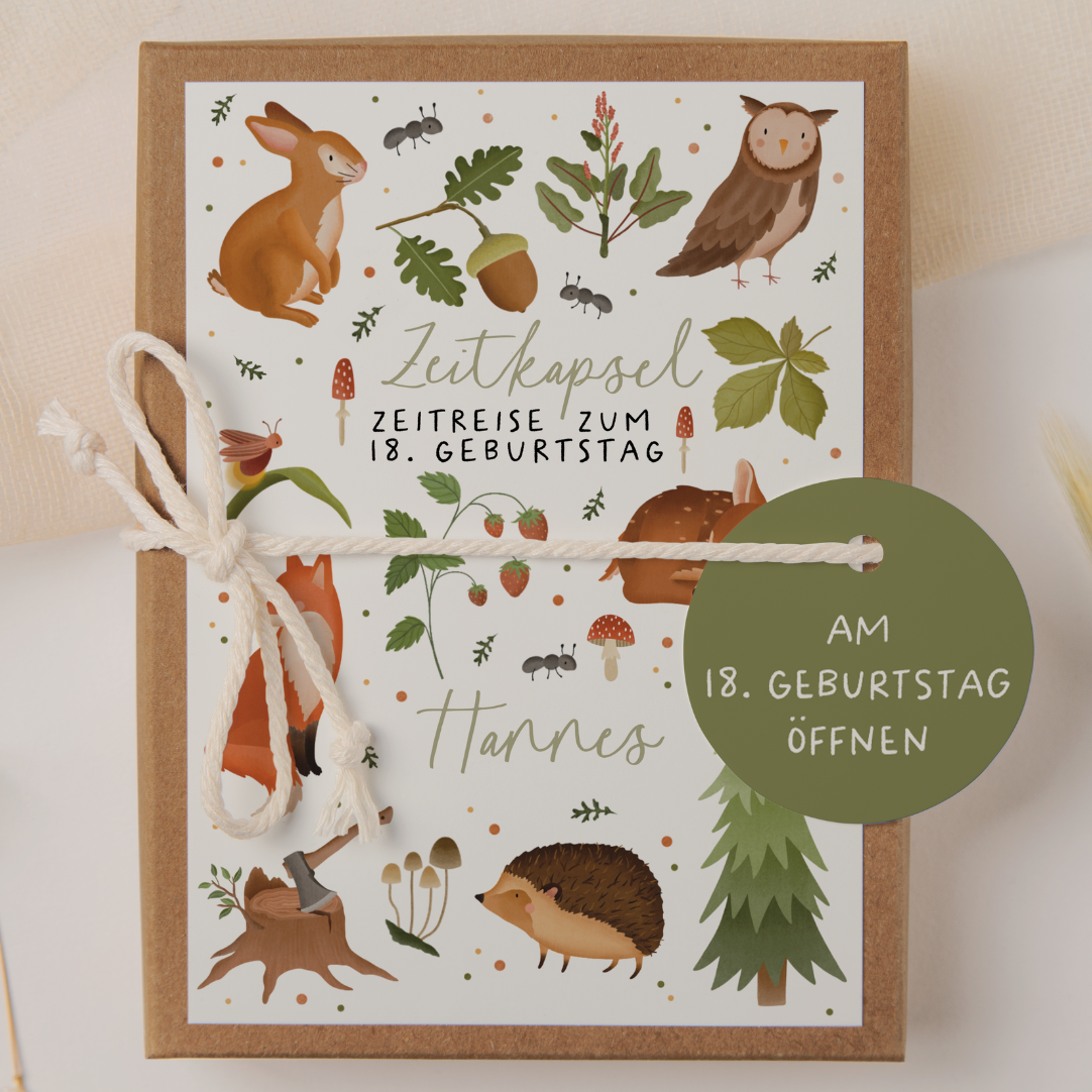 Zeitkapsel 1. Geburtstag Waldtiere Zeitreise zum 18. Geburtstag - Fragekarten Ausfüllen Baby Erster Geburtstag