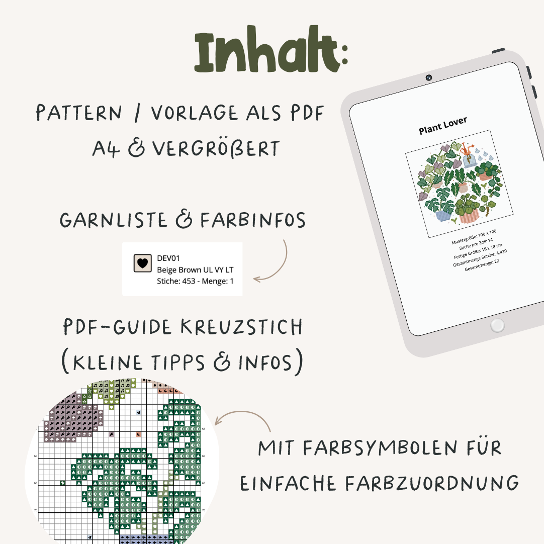 Cross Stitch Pattern Pflanzen PDF Plant Lover - Zimmerpflanzen Kreuzstich Vorlage - Stickvorlage Kreuzstich Motiv modern Monstera